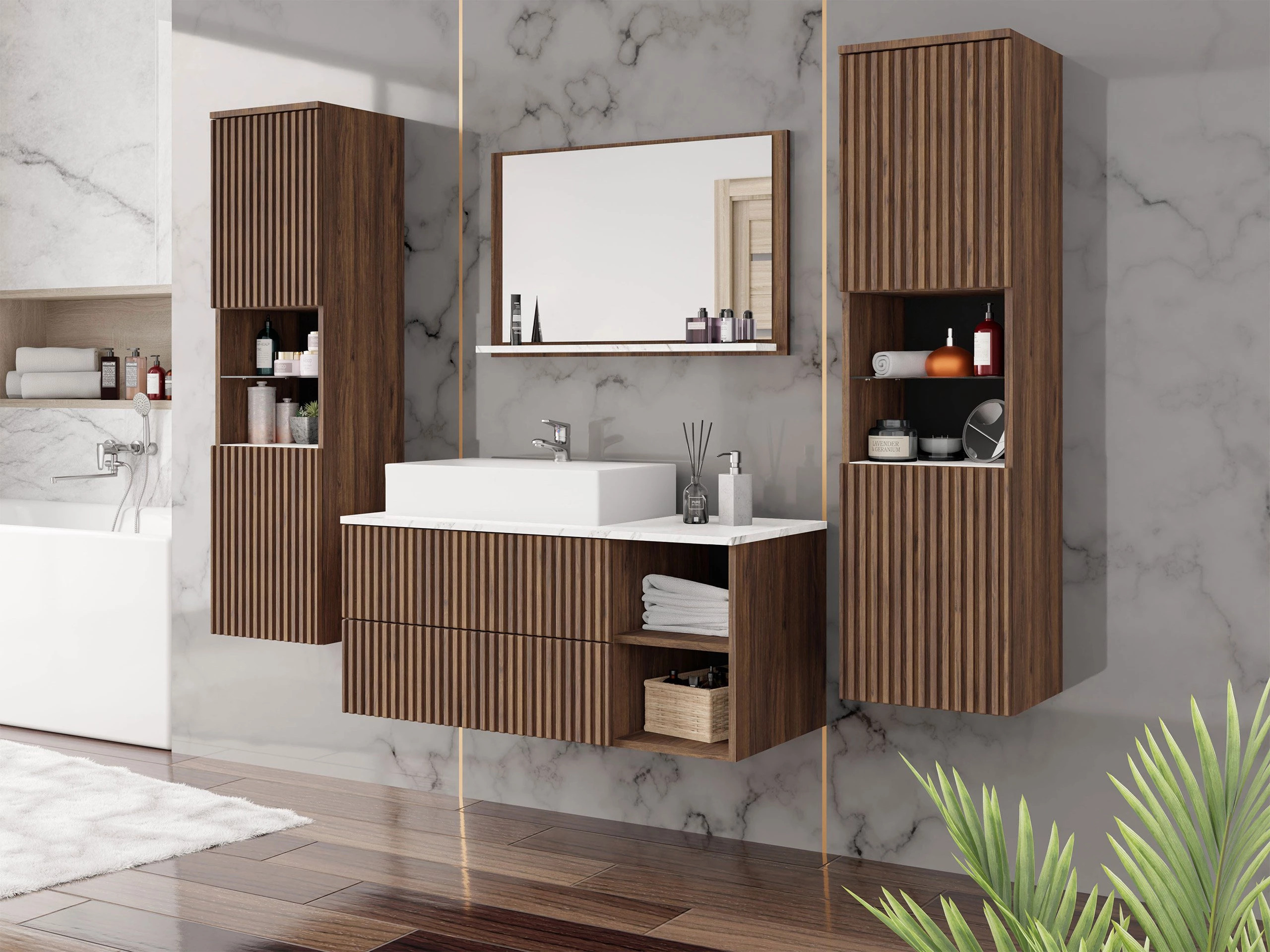 Armoire de salle de bains murale pour lavabo Nauta (Noyer + Marbre blanc)