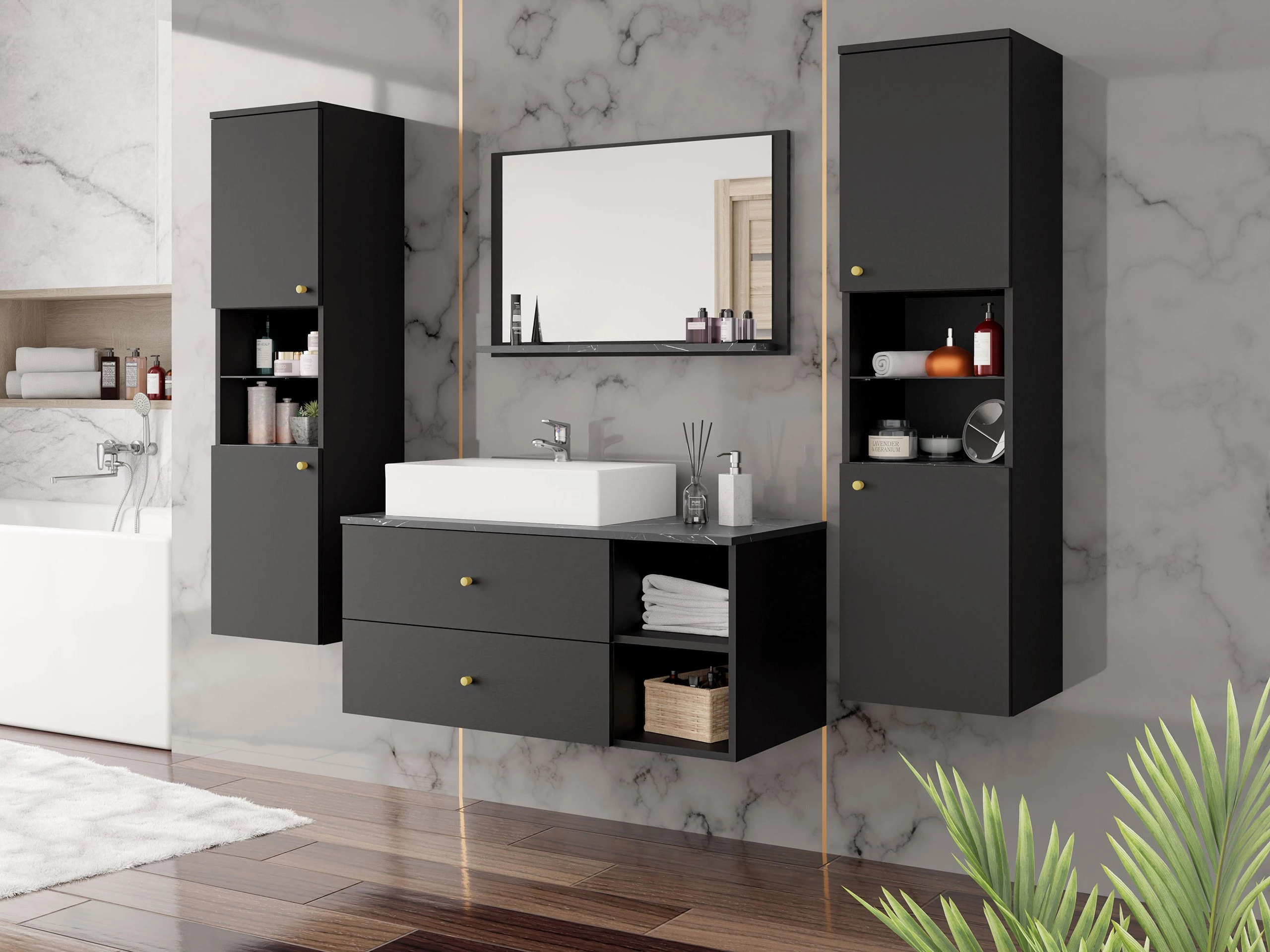 Armoire de salle de bains murale pour lavabo Salus (Noir + Marbre noir)