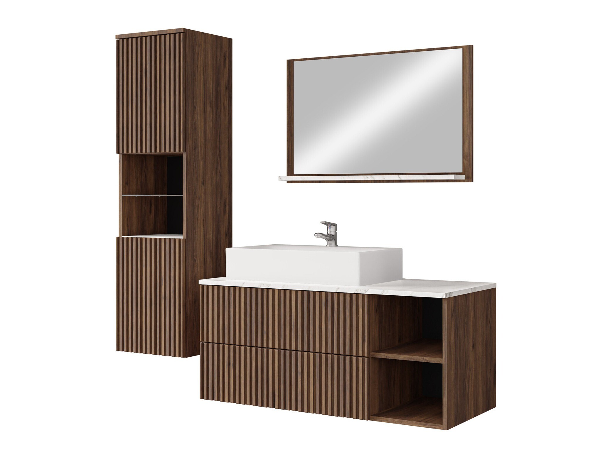 Ensemble de salle de bain Nauta I (Noyer + Marbre blanc)