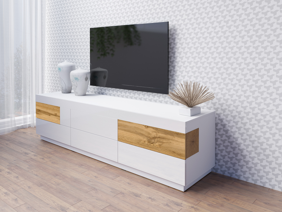 Meuble TV Livlore 102 (Blanc + Blanc brillant + Chêne wotan)