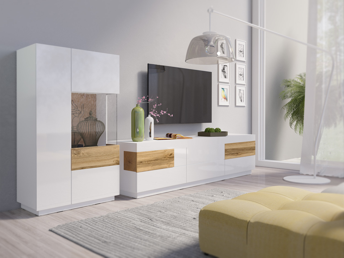 Meuble TV Livlore 102 (Blanc + Blanc brillant + Chêne wotan)