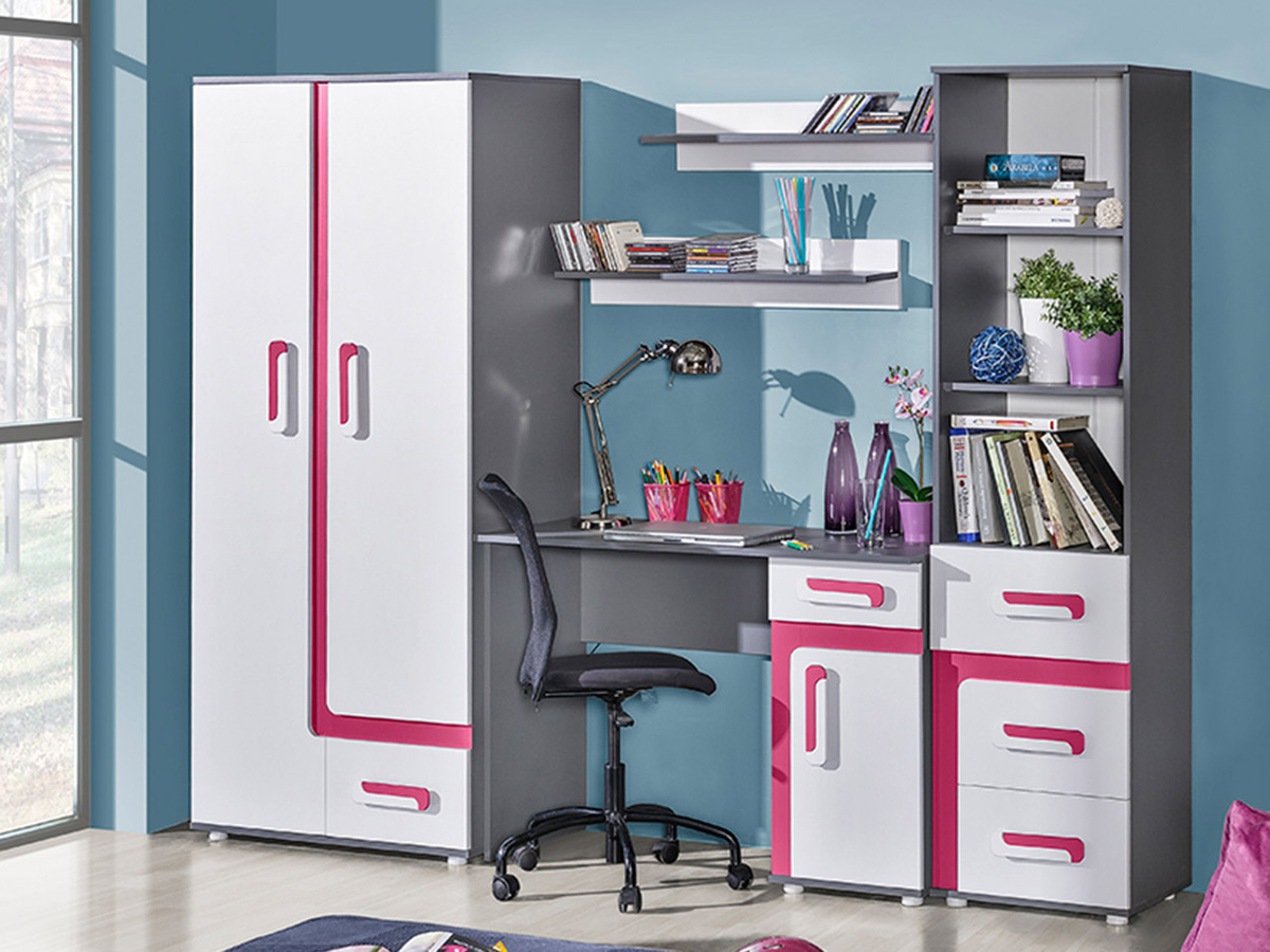 Chambre enfant complète Levtala 116 (Anthracite + Blanc + Rose)
