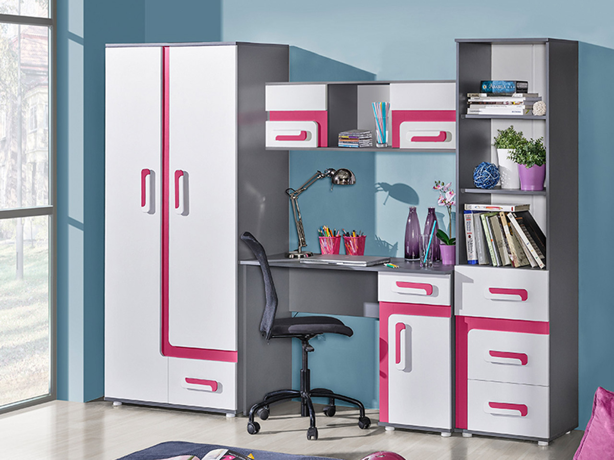 Chambre enfant complète Levtala 120 (Anthracite + Blanc + Rose)
