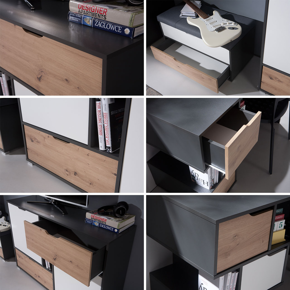 Ensemble de salon Providence H116 (Graphite + Chêne Artisan + Blanc)