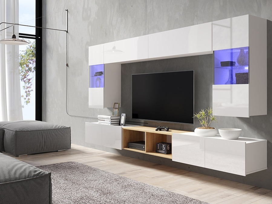Ensemble de salon Remus XXIV (Blanc + Blanc brillant + Chêne doré)