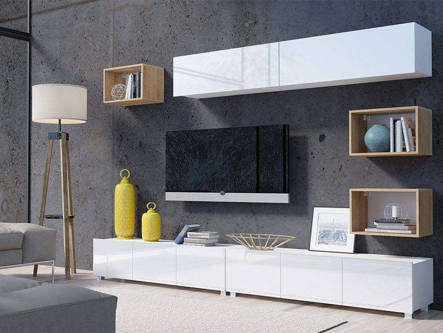 Ensemble de salon Remus XXXI (Blanc + Blanc brillant + Chêne doré)