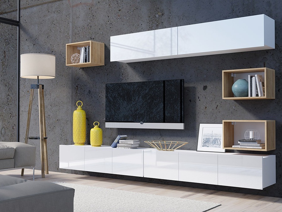 Ensemble de salon Remus XXXI (Blanc + Blanc brillant + Chêne doré)