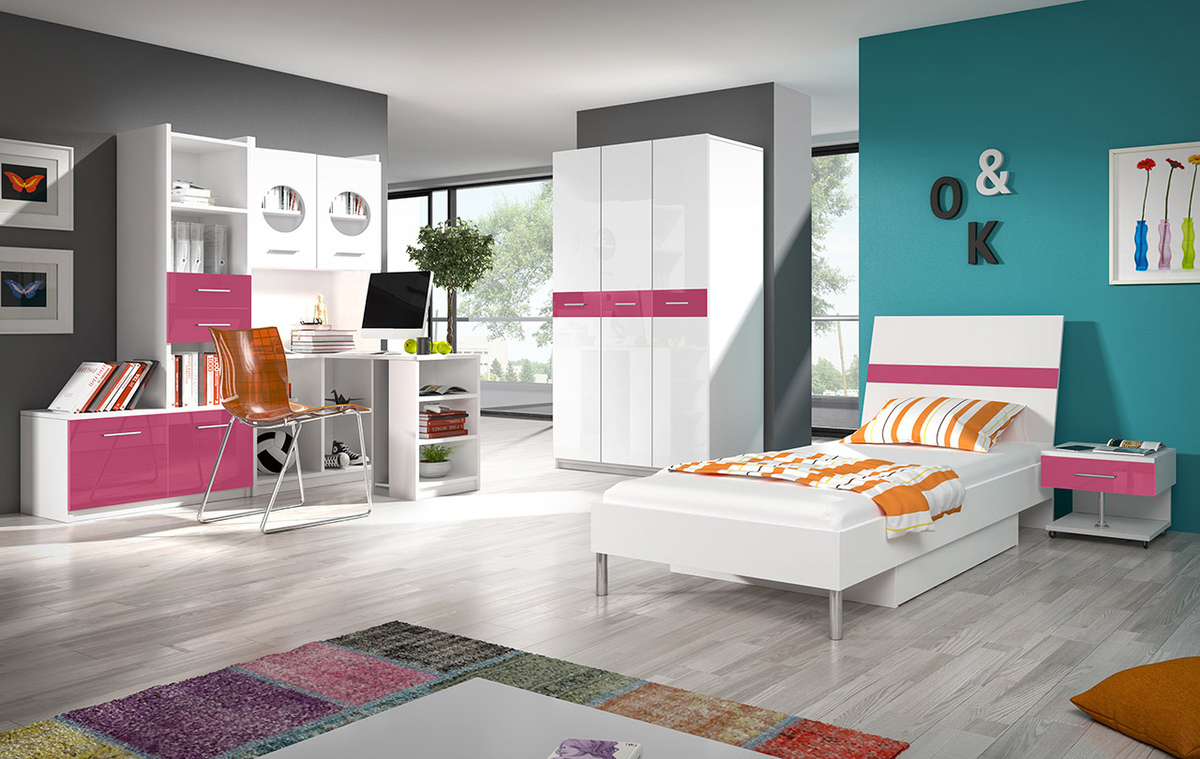 Armoire Campus (Blanc + Blanc brillant + Rose brillant)