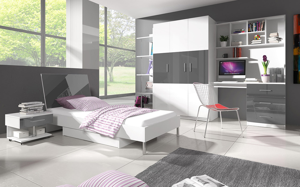 Armoire Campus I (Blanc + Blanc brillant + Gris brillant)